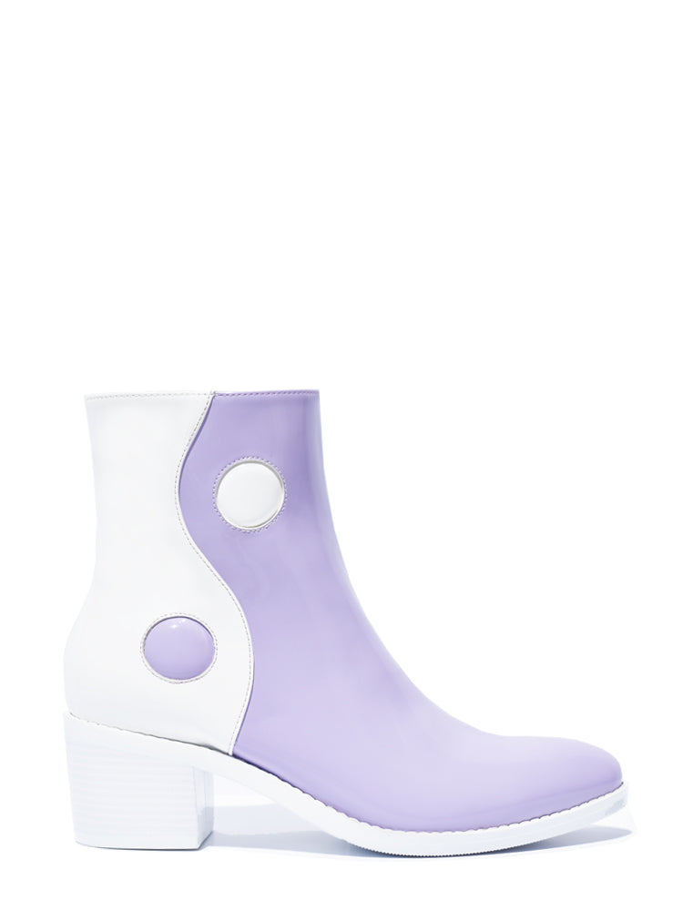 Balancing Act Boots - Purple/White Patent