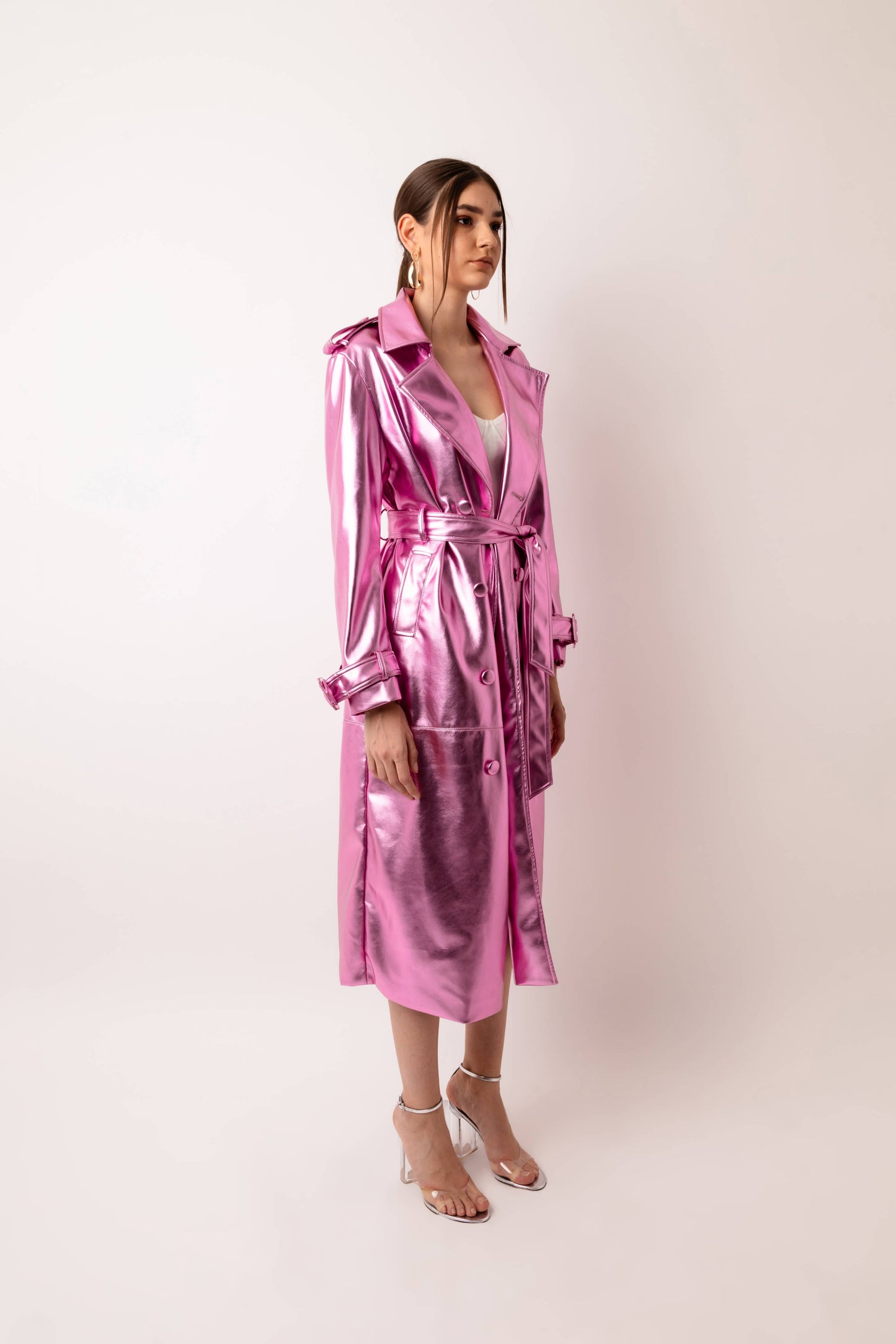 Lupe Faux Leather Gold Trench Coat: Rose Pink / Medium