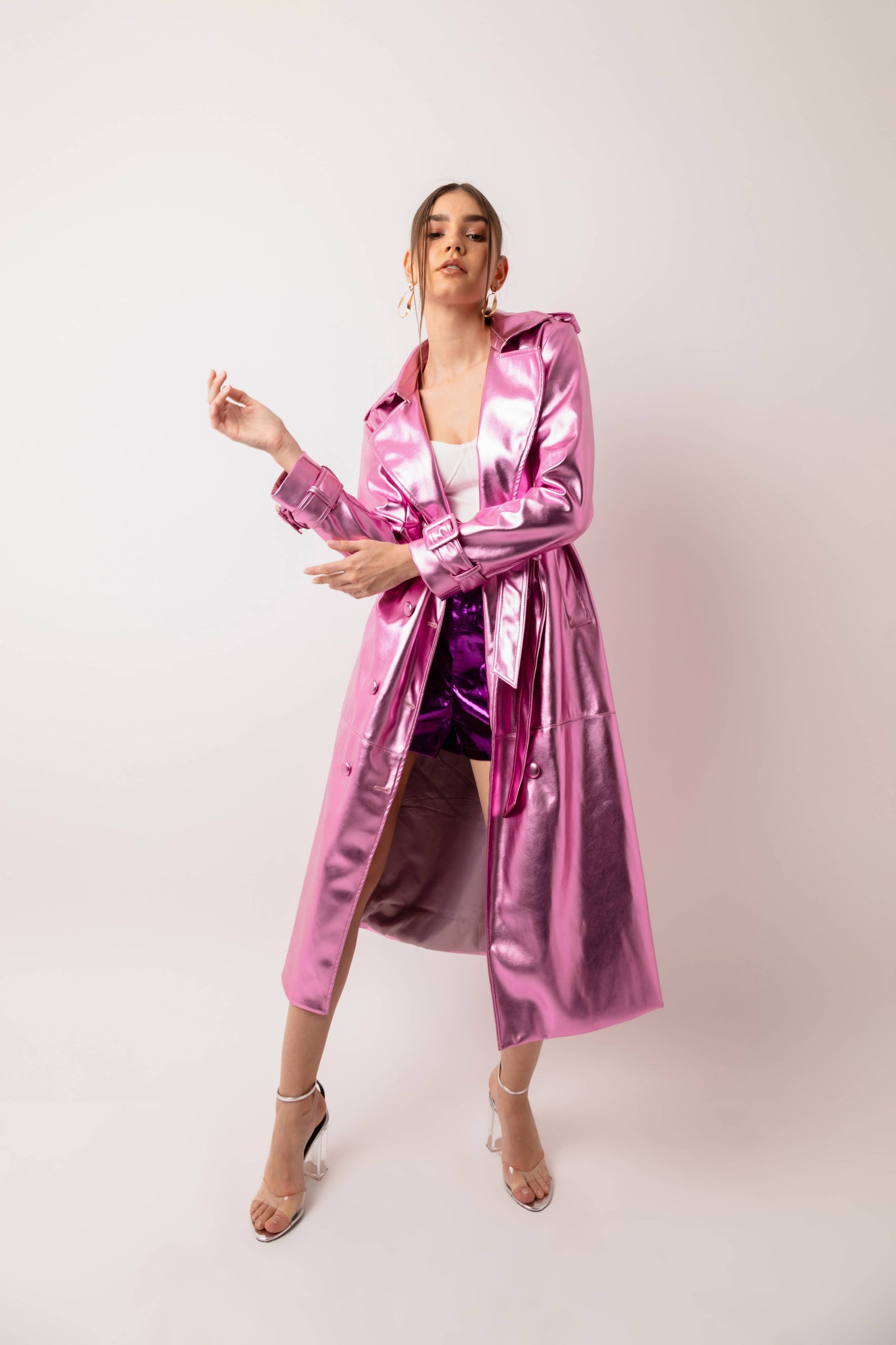 Lupe Faux Leather Gold Trench Coat: Rose Pink / Medium