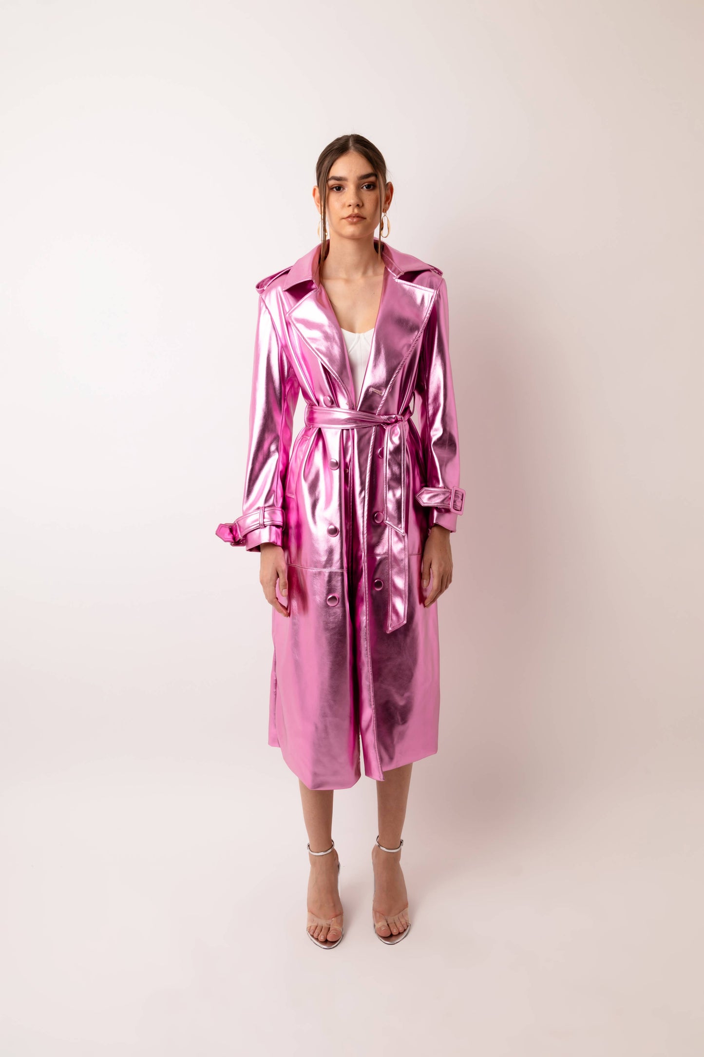 Lupe Faux Leather Gold Trench Coat: Rose Pink / Medium