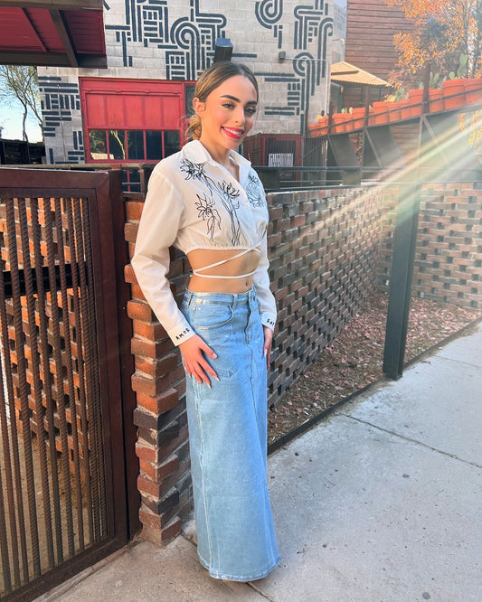 Metallic Light Denim Maxi Skirt