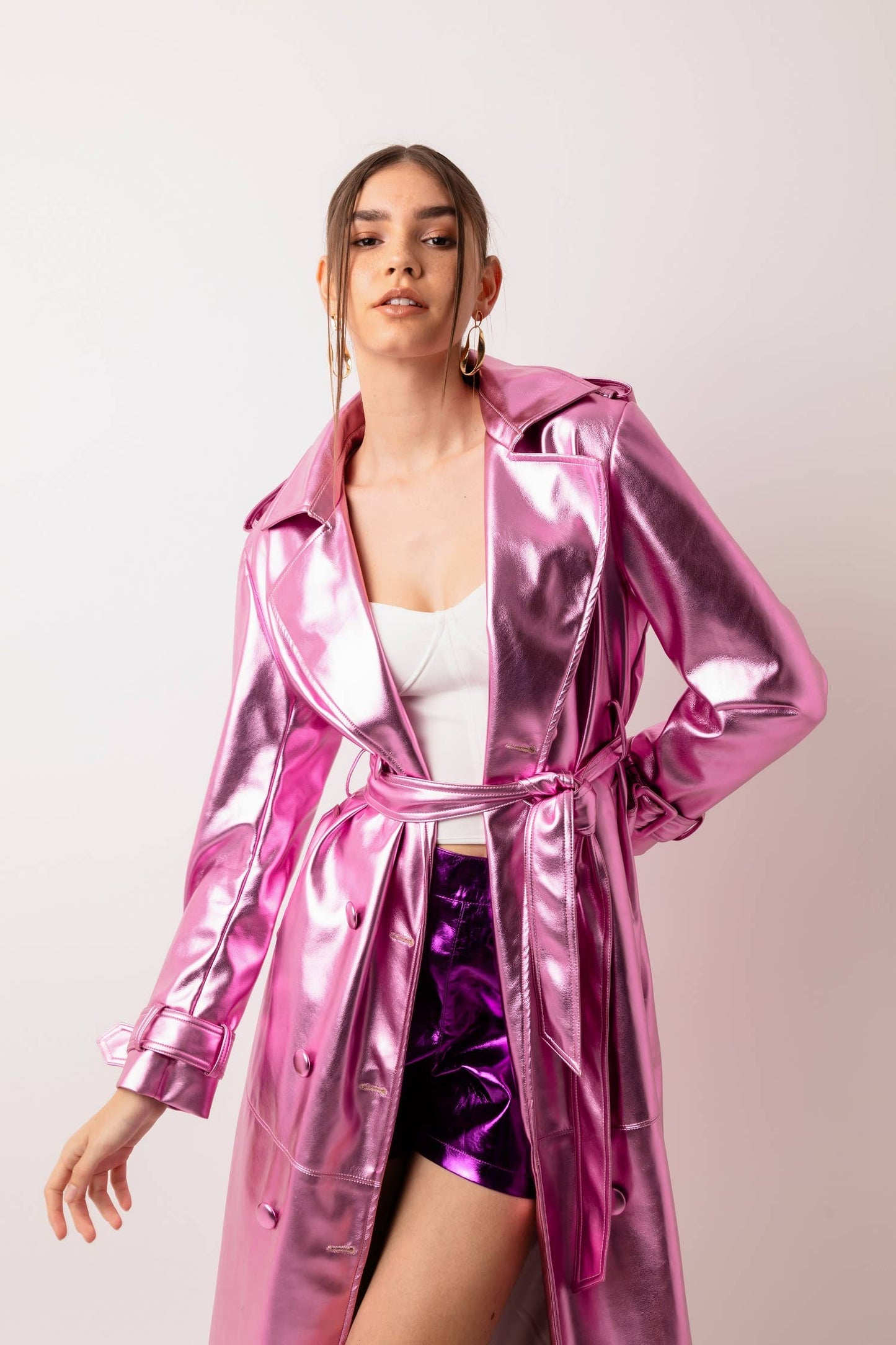 Lupe Faux Leather Gold Trench Coat: Rose Pink / Medium