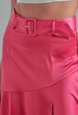 Pink Buckle Belted Split Skirt