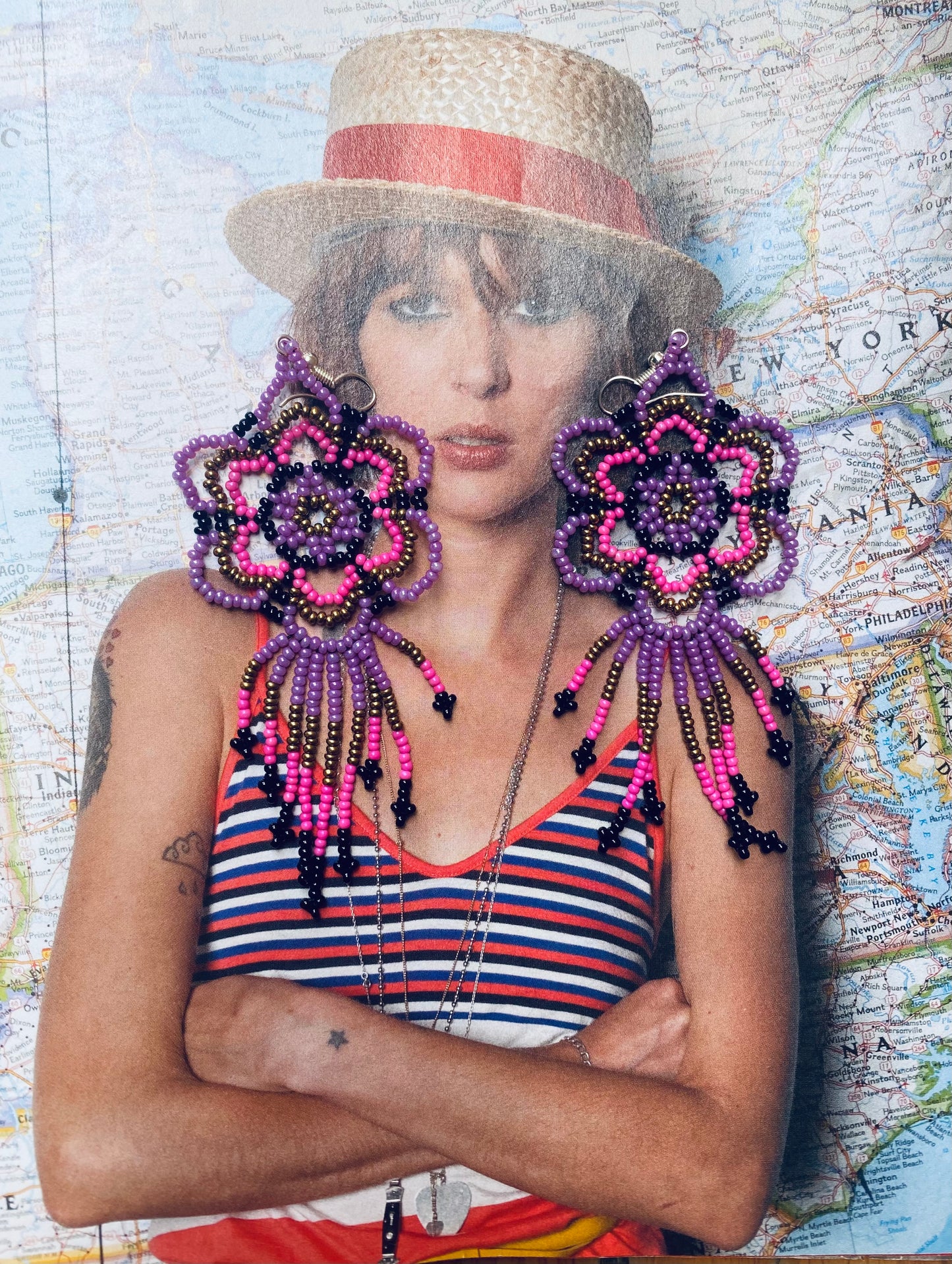 Purple Flower Beaded Earrings