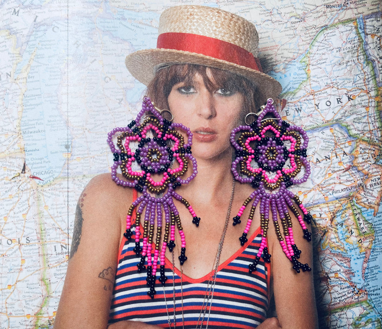 Purple Flower Beaded Earrings