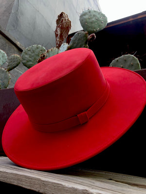 Red Suede Flat Brim Hat